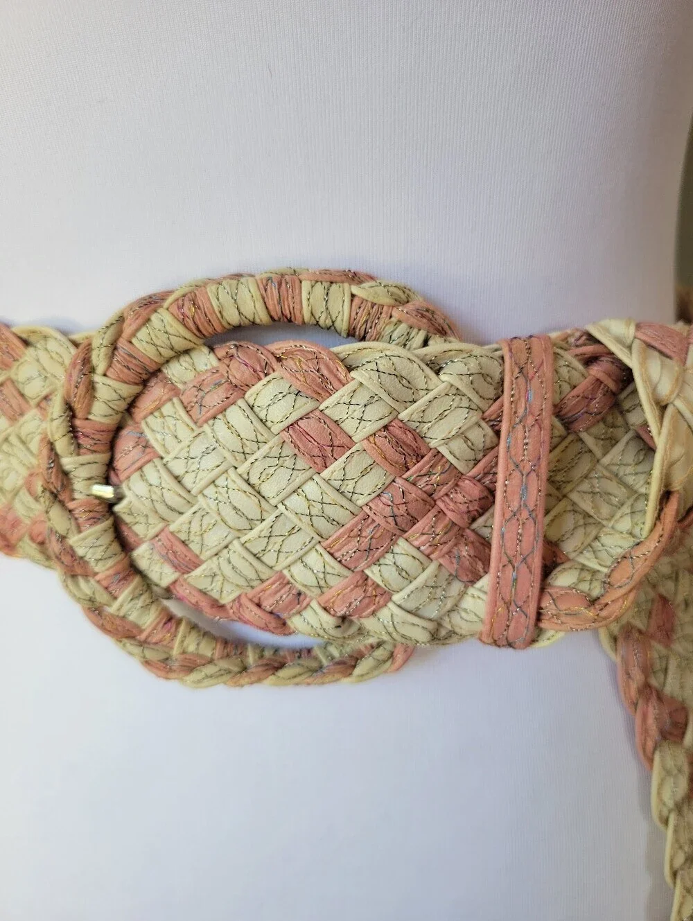 Woven Pink Mixed Media Belt with Round Buckle